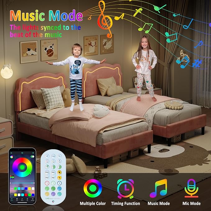 GarveeHome Twin Upholstered Smart LED Bed Frame with Headboard, Velvet Princess Platform Bed Frame for Kids, Wooden Slats Support, No Box Spring Needed (Pink)