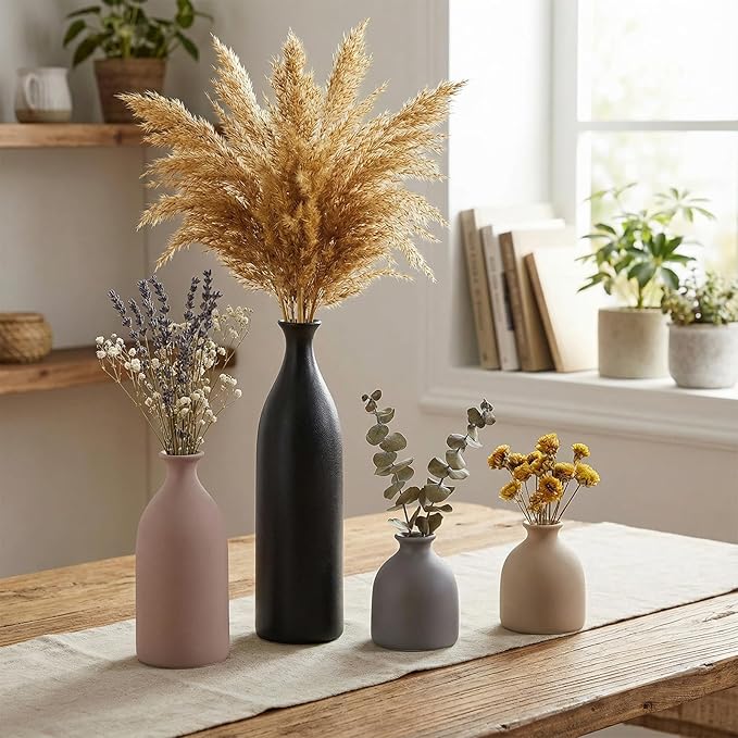 Dandat Brown Ceramic Vase Set of 4, Modern Decorative Ceramic Vases Rustic Pottery Centerpiece Table Decor for Farmhouse Bouquet Pampas Grass Dried Fresh Flowers, Living Room, Kitchen, Bedroom
