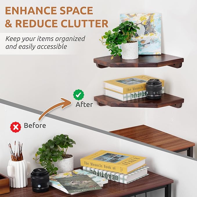 Demigo [Upgraded] Hexagon Corner Floating Shelves Wall Mount (2pcs) – Solid Acacia Wood with Hidden Brackets & Cable Hole – Rustic & Modern Space-Saving Shelves for Bedroom Living Room Office Kitchen