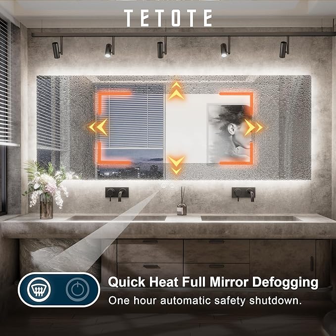 TETOTE 55 x 30 Inch LED Mirror Backlit Bathroom,Anti-Fog Mirror with Light,Dimmable,CRI90+,IP54 Water Proof,Wall Mounted Vanity Lighted,Horizontal/Vertical