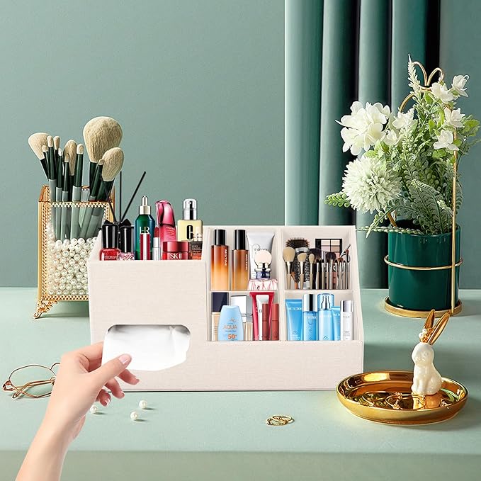 Plus Size Tissue Box Cover-Square Linen Tissue Cover with Side Storage and Tray,Modern Makeup Organizer,Leather Tissue Holder Decorative Cube Organizer for Living Room Vanity NightStand Office,Beige