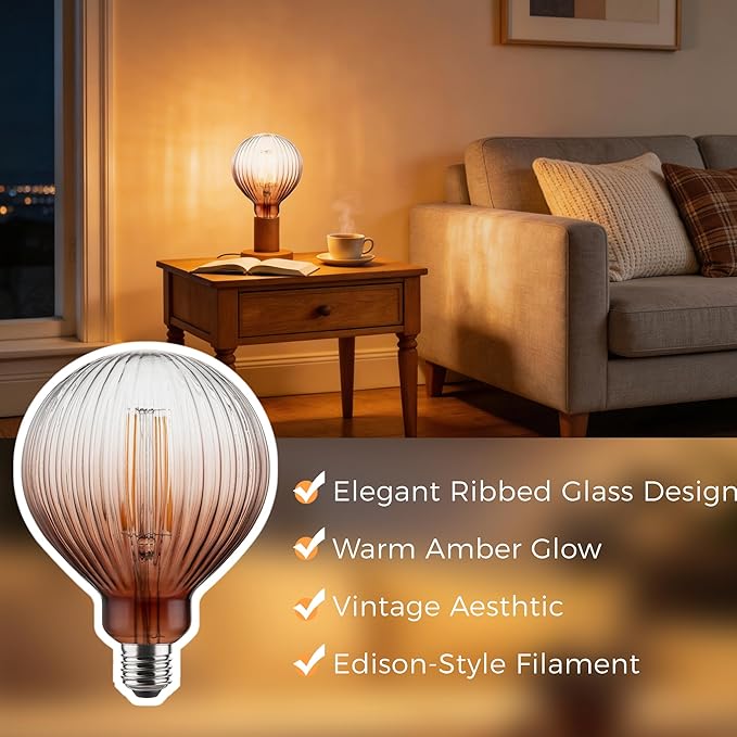 Vintage Edison LED Bulbs, Dimmable 4W Globe G125, 2200K Warm White Ambient Mood Lighting for Decoration, Squirrel Cage Filament, Gradient Brown Striation Figure Glass LED Light Bulbs, E26 Base