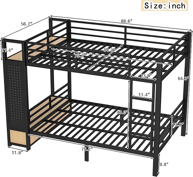 Bellemave Full Over Full Metal Bunk Bed with Storage Drawers and Shelves, Heavy Duty Bunk Beds with Pegboard and Coat Rack for Kids, Adults,Black、