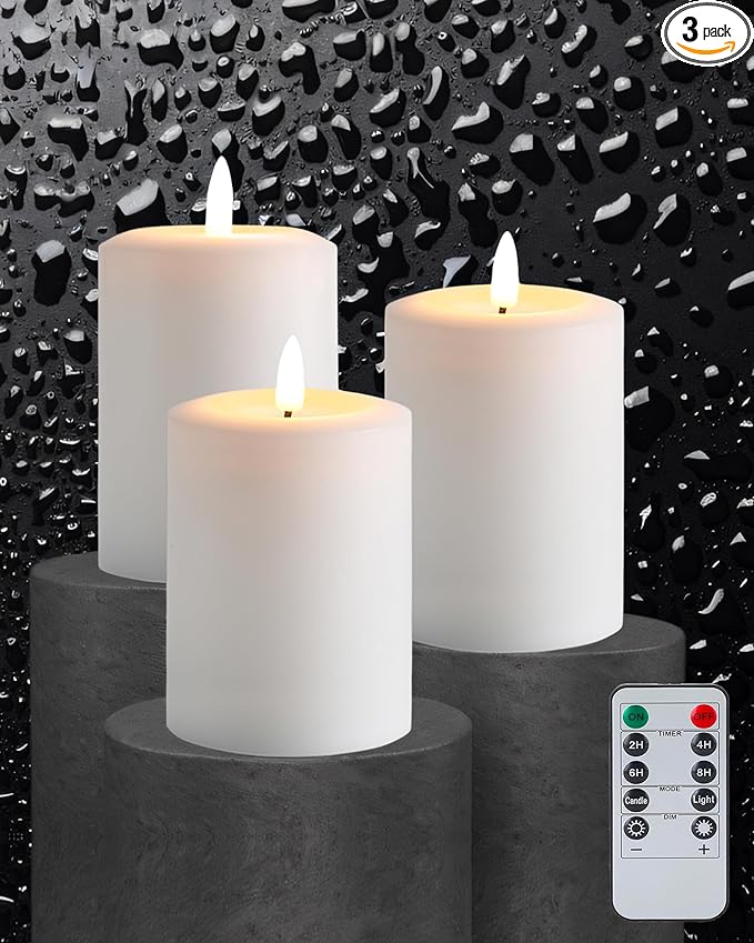 3"x4" Flickering Flameless Candles with Remote Timer, Real Wax, White Pillar Candles, Set of 3 Fake LED Battery Operated Candles for Home, Fireplace, Centerpiece, Rustic and Farmhouse Decor