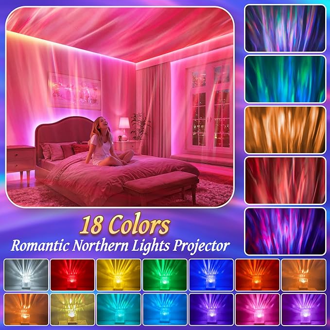 Northern Lights Projector Aurora Light Projector, 18-Color Sunset Lamp Cool Stuff for Teen Girls Game Room Decor for Teen Girls, Mood Lighting Galaxy Projector for Bedroom Decorations, Boy Girl Gifts