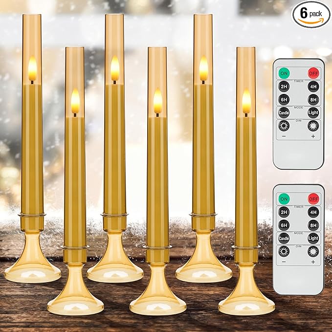 Gold Flameless LED Taper Candles with Remote and Timer, 6 Pack Battery Operated Candles 9.25"x0.75" for Xmas Wedding Decor, 3D Flickering Flameless Candles with Acrylic Candlesticks