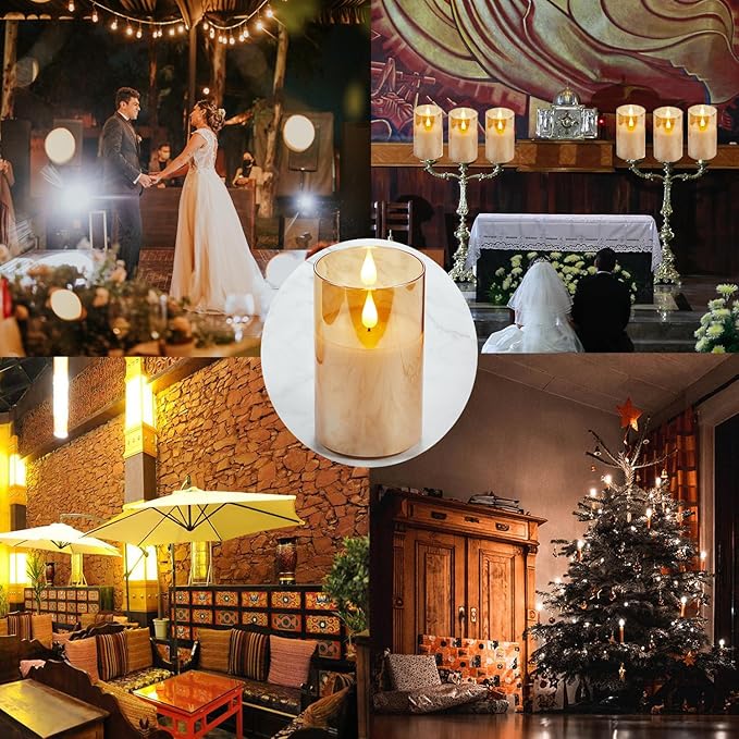 Battery Operated Flickering Flameless Candles with Remote and Timer, led Candle with 3D Wick Last 1000+ Hours Real Wax Electric Candles Pillar Candle, Gold Glass for Wedding, Festival 3" x 5"