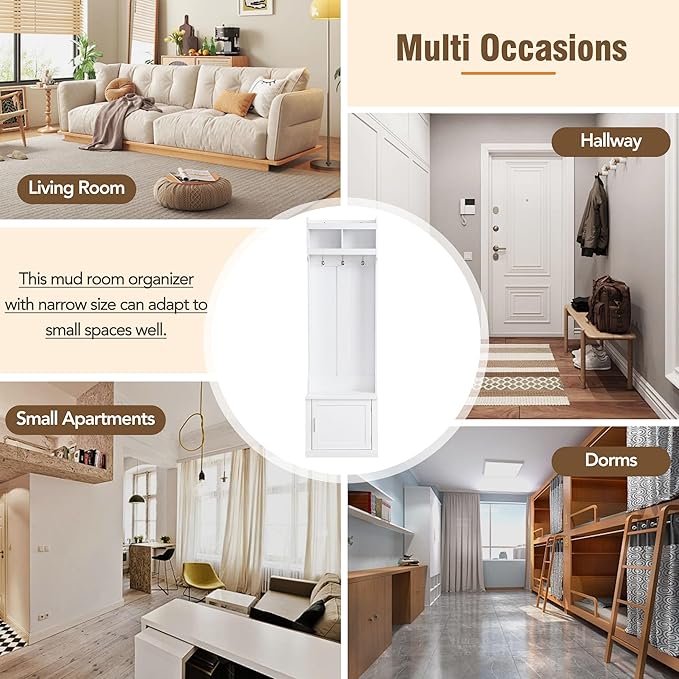 Minimalist Slim 78.7''H Hall Tree with Cabinet & 6 Hanging Hooks, Multi-Functional Storage Bench with Coat Rack, Elegant Foyer Cabinet for Mudrooms Organization Entryway Living Room (White-62s)