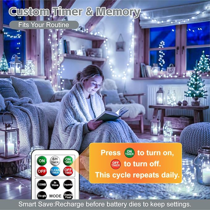 6 Pack Rechargeable Fairy Lights with Remote & DIY Timer, 7ft 20LED Dimmable Silver Wire String Light for Mason Jar, Mini Twinkle Lights for Indoor Christmas Bedroom Wedding Decor, White