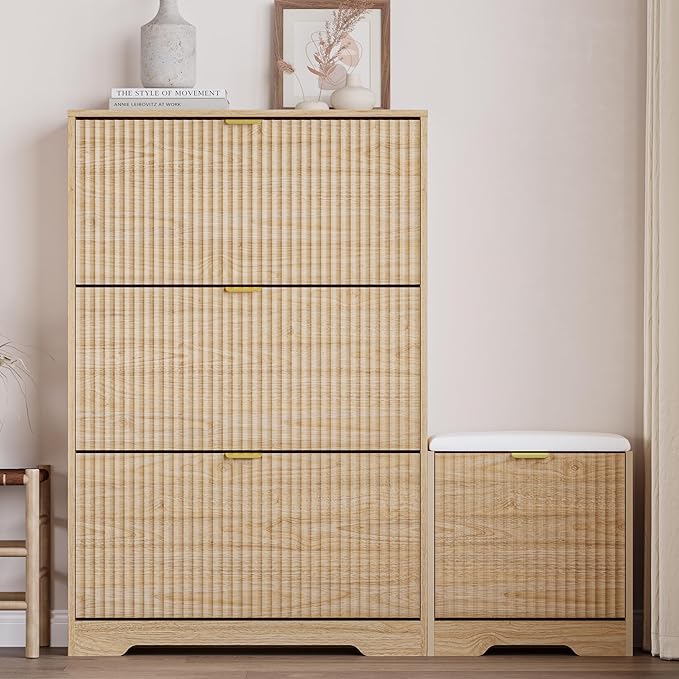 Slim Shoe Cabinet with Bench for Entryway, Hidden Storage and Adjustable Shelves, Free Standing Wooden Shoes Organizer for Hallway, Foyer