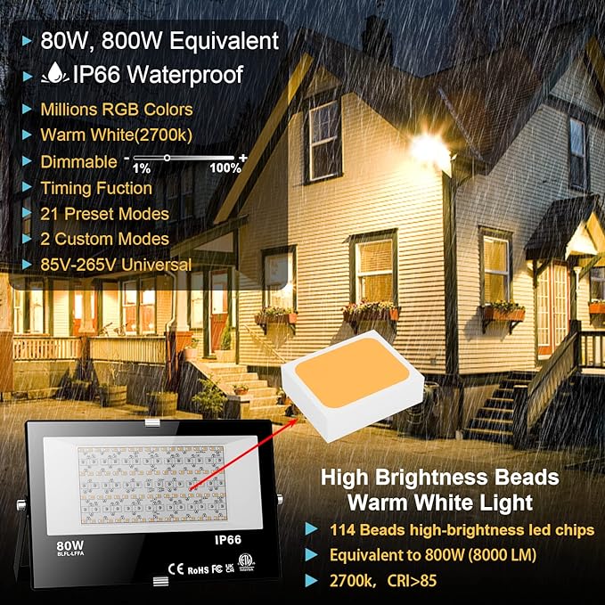 LED Flood Light Outdoor 800W Equivalent Bluetooth Smart Color Changing RGB Spot Light DIY-Scene+RGB+2700K Warm White APP & Group Control & Timing IP66 Waterproof 4Pack