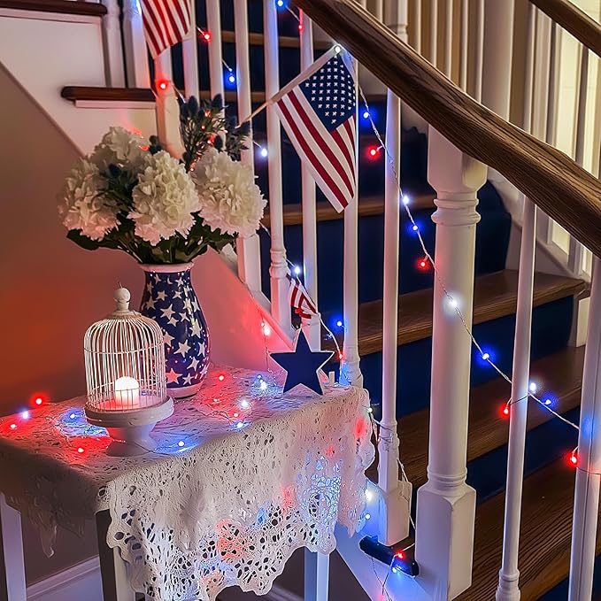 JMEXSUSS 200 LED 4th of July Fairy Lights, Red White and Blue Lights Indoor with Wheel, 8 Modes Remote Control Twinkle Patriotic Lights in for Independence Day American Flag Holiday