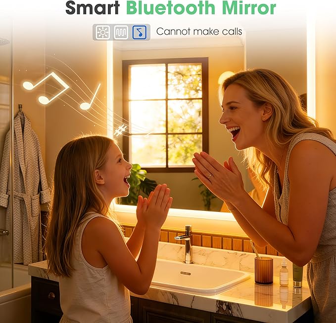S'bagno 36"x28" LED Bathroom Mirror with Bluetooth Speaker, Anti-Fog & Waterproof, Dimmable Wall Mirror with Touch Control, 3 Light Colors, Vertical or Horizontal
