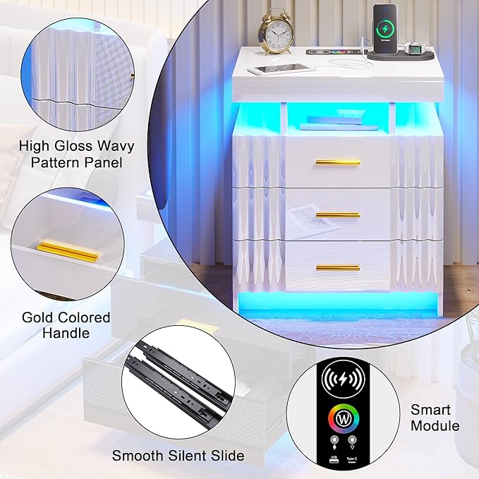 HNEBC LED Night Stand,Nightstand with Charging Station-USB+Type-C+Wireless Charging,Smart Bedside Table has Auto Sensor, High Gloss Nightstand White with 3 Drawers for Bedroom