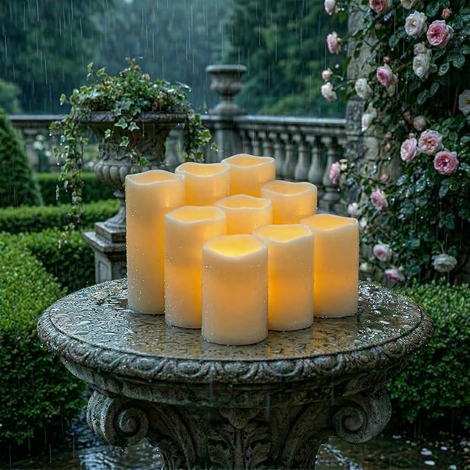 5plots 3" X 4"5" 6" Outdoor Waterproof Candles, Battery Operated Led Ivory White Flameless Candles with 10-Key Remote & Timer for Indoor Home Lantern Holiday Decor, Set of 9