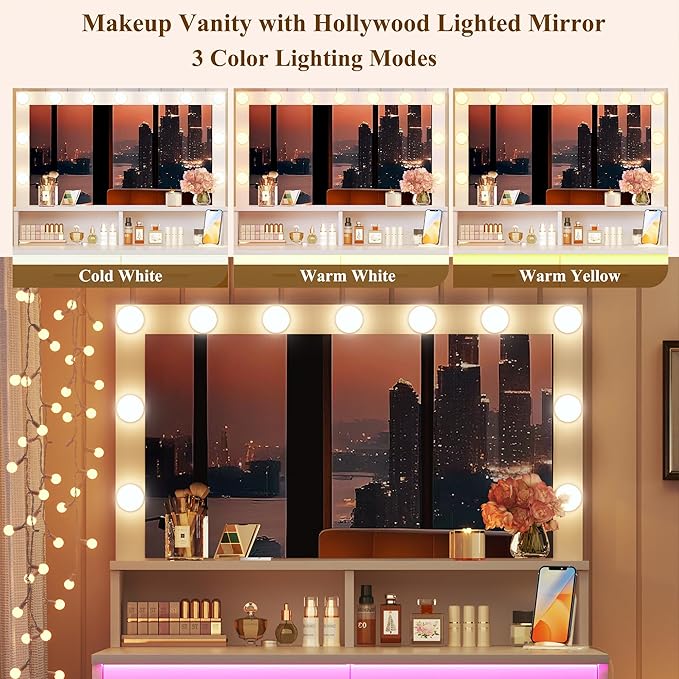 Small Vanity Desk with Mirror and Lights, White Makeup Vanity with Chair, RGB Vanity Table Set with 2 Drawers & Power Outlets & LED Strip, 3 Color Modes & Adjustable Brightness for Women Girls Bedroom