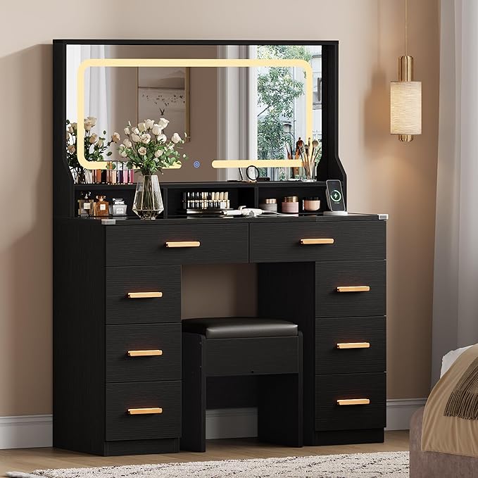 IDEALHOUSE Vanity Desk with Mirror and Lights, Makeup Table with Glass Top & 8 Drawers, 3-Color LED Mirror, Power Outlets & USB, Hair Dryer Holder, Stool Included, Dressing Table Set for Bedroom