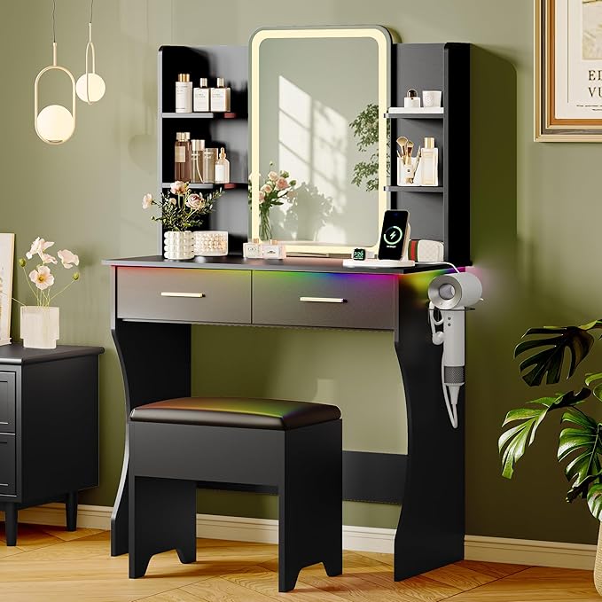 Makeup Vanity Desk with Mirror & Lights, Small Vanity Table Set for Girls with Chair & Power Outlet, Modern Dressing Table with 2 Drawers & 4 Storage Shelves, Adjustable RGB Lighting - Black