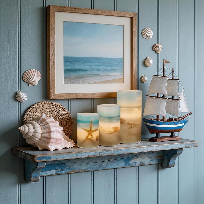 Beach Flameless LED Candles with Remote and Timer, Seashell & Starfish Pillar Unscented Real Wax, Ocean Decor for Home Bedroom Wedding Coastal Room, 3" x 4",5",6", Set of 3(Beach)