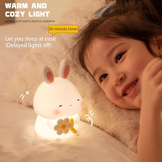 Led Cute Flower Bunny Night Light, Dimmable Timer Kawaii Lamps, Super Squishy Silicone USB Rechargeable Touch Control Night Lamp, Used for Camping Party Room Decor (Bunny with Flower)