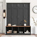 Multi-Functional Hall Tree with 4 Hidden Hanging Hooks, Brown Wood Grain Bench with Multiple Storage Space, Entryway Cabinet with Open Compartments for Living Room, Hallway (Black-15.6)