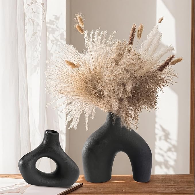 Modern Black Ceramic Vase Set of 2, Durable Donut Vases for Pampas Grass, Minimalist Industrial Boho Decorative Vases for Home Decor, Living Room, Farmhouse, Dining Table, Countertops, Shelf