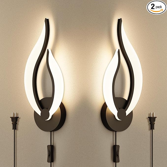 Modern LED Wall Lamps for Bedrooms Set of 2 Black Plug in Wall Light Fixtures 3000K 10Watt Wall Mounted Bedside Lamps 110V AC