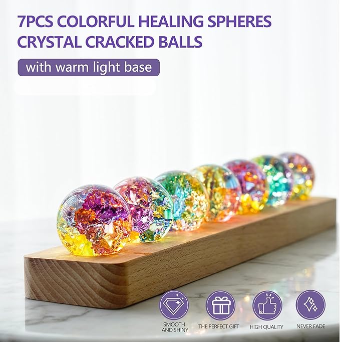 Set of 7 Crystal Balls Night Light Decor Healing Spheres with LED Wooden Stand for Meditation Energy Balancing Home Office Decoration Valentines Gifts for Women