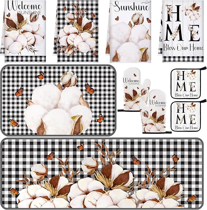 Fourluoo 10 Pcs Kitchen Set Kitchen Towels and Rugs Oven Mitts and Pot Holders Farmhouse Decor for Women Mom Gift Cooking Baking Grilling
