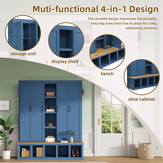 Merax Modern Farmhouse Hall Tree with Bench, 4-in-1 Entryway Storage Cabinet & Shoe Organizer with Hooks, Blue