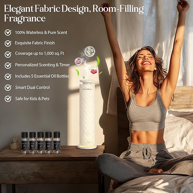 Waterless Scent Diffuser Starter Kit with 5 Oils, Luxury Hotel Style Cold Air Diffuser Oil Machine for Home, 1000 Sq Ft Coverage, Quiet Nebulizing Aromatherapy with Remote, Tower Fabric Design, Cream