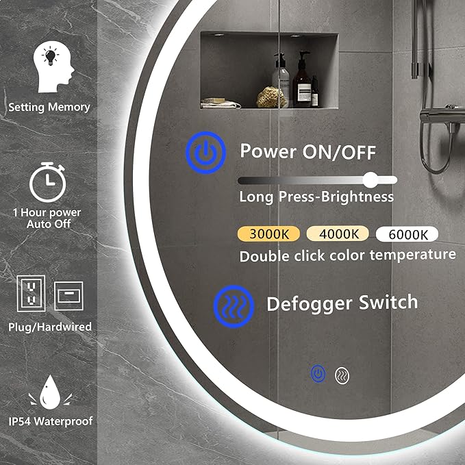 24 Inch LED Round Lighted Mirror, Bathroom Backlit Vanity Mirror Wall Mounted with 3000K/4000K/6000K Adjustable, Anti-Fog, Smart Touch Button, Stepless Dimmable Lighted Makeup Mirror