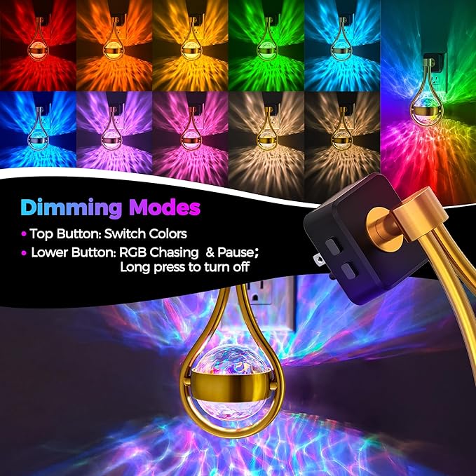 Briignite RGB Night Lights Plug into Wall, Color Changing Nightlight with Dusk to Dawn Sensor, 330° Rotating Night Light with Waterdrop Design, Ideal for Bedroom, Hallway, Living Room, Home Decor