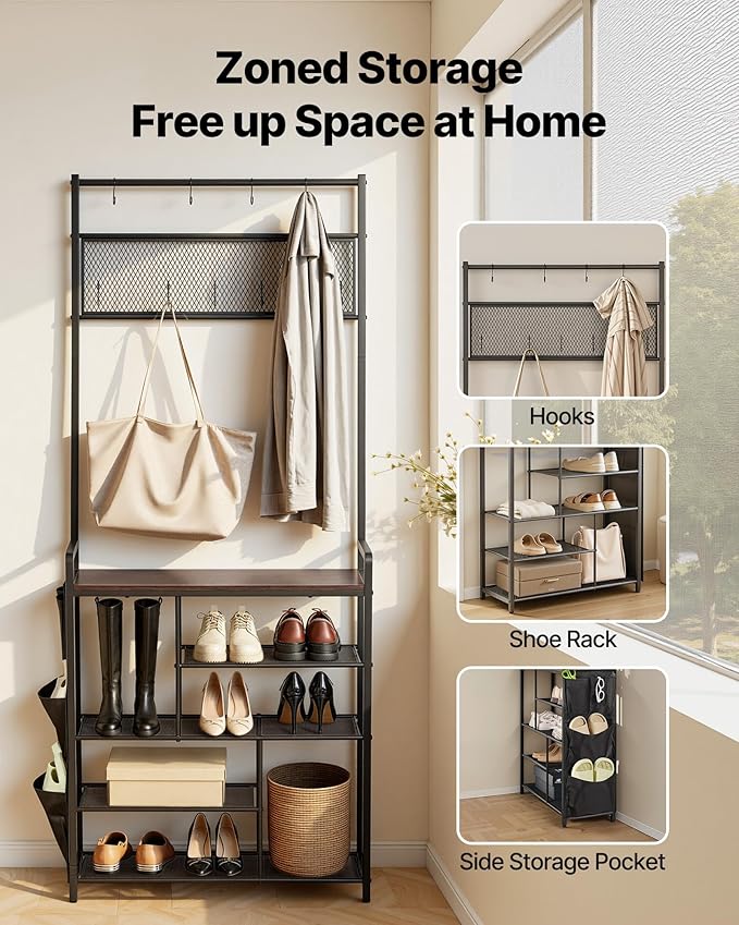 VEVOR Hall Tree, 70.9 in Coat Rack with Shoe Storage, Freestanding 4-Tier Shoe Rack Organizer with Hooks, Side Pocket and Wire Shelf, Steel Frame Entrance Coat Holder for Entryway, Bedroom, Closet