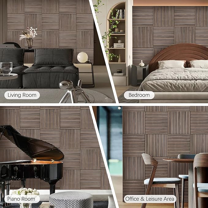 Wood Slat Wall Panel - 4 PCS Walnut Wood Panels for Wall, Natural Wood Veneer Acoustic Slat Wood Wall Panels - Wood Slats for Wall Soundproof Wood Panels 23.6" W x 23.6" L