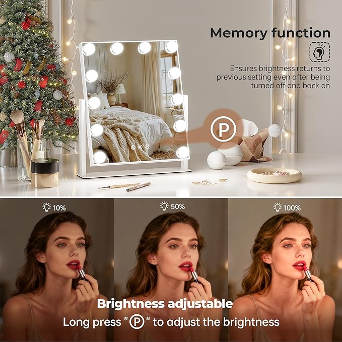 Vanity Mirror with Lights, 12 Bulbs Makeup Mirror with Smart Touch Control, 3-Color Dimmable Lighting, 360° Rotation