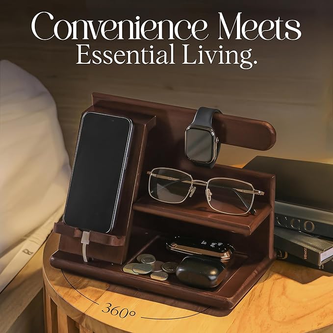 360° Rotating Nightstand Organizer - Wood Phone Docking Station with Rotating Base, Charging Slot, Holds watch, Wallet, Keys, Eyewear - Birthday Gifts for Men & Women, Bedroom or Office Use, Dark Brown