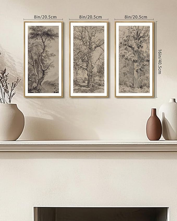 KUVIOKE Vintage Sketch Trees Drawings Farmhouse Rustic Framed Wall Art for Living Room Bedroom Ready to Hang 8x16in3pcs Natural Framed