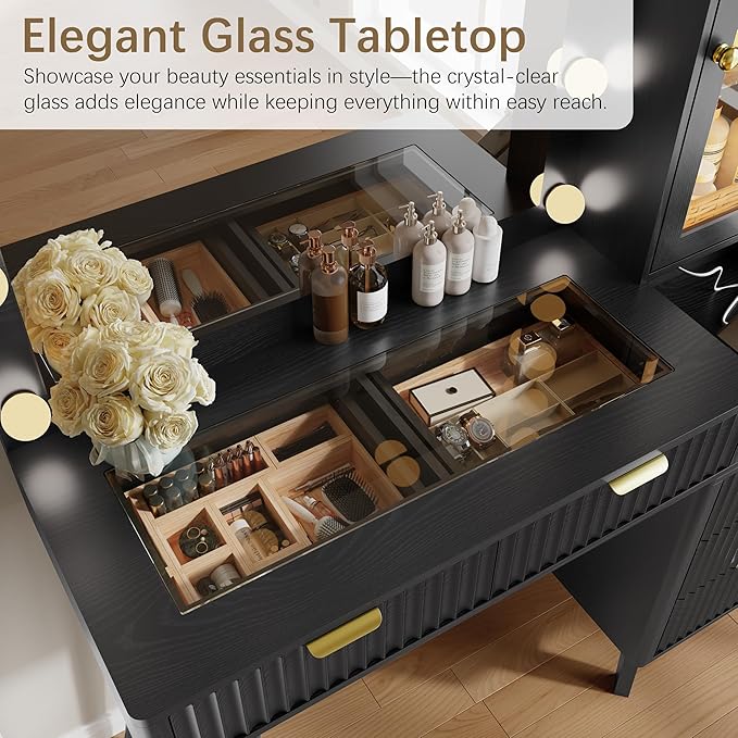 45'' Fluted Makeup Vanity Desk with LED Lights Mirror & Charging Station, Modern Glass Top Vanity Table with 5 Drawers & Glass Cabinet, Dressing Table for Bedroom, Living Room, Black
