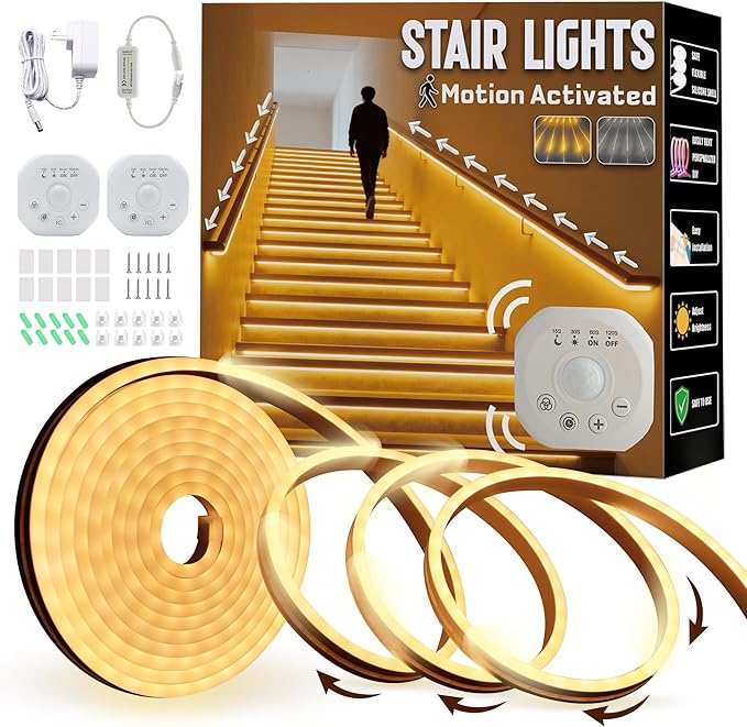 Motion Sensor LED Strip Lights - Chasing Effect Auto ON/Off for Stairs, Bedroom, Under Cabinet - 32.8ft Warm White, Easy Peel & Stick Install