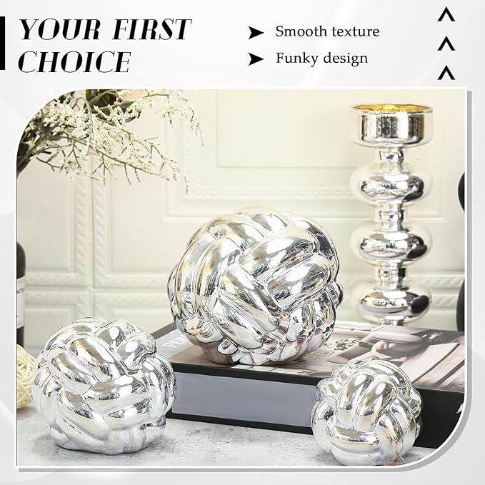 Wenqik Silver 3 Pcs Knot Decor, Chain Link Coffee Table Bookshelf Decor Accents, Entry Table Ceramic Aesthetic Minimalist Decorative Objects for Modern Home Living Room Decoration 3 Sizes