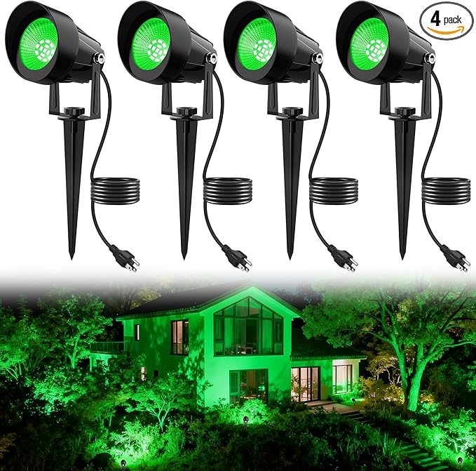 Green Spotlights Outdoor, 14 LED Landscape Lighting with US Plug, IP65 Waterproof Spot Lights for Tree Yard Garden Pathway Halloween Christmas St. Patrick's Day Decor, 4 Pack