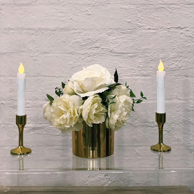 CVHOMEDECO. Flickering Taper Candles LED Drip Flameless Candles, Battery Operated with Timer, White, 6-3/4 Inch, Set of 2