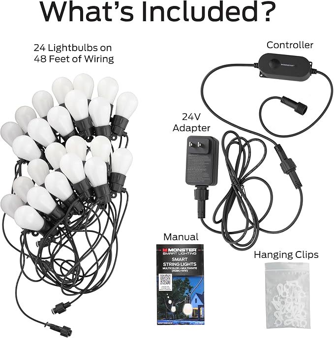 Monster 48 Foot Outdoor Smart RGB+IC+WW String Lights, 24 Bulb Individually Controlled Dimmable LEDs, Sound Reactive, Water & Weather Resistant, Compatible with Alexa, Siri, Google Home, App