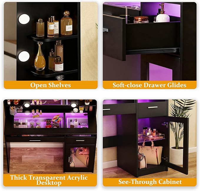 Vanity Desk with Mirror and Lights, Makeup Vanity Desk with Lights 3 Colors, Transparent Top Vanity with 2 RGB Drawers, 6 Shelves, Large Tempered Cabinet, Power Outlet, for Bedroom, Black