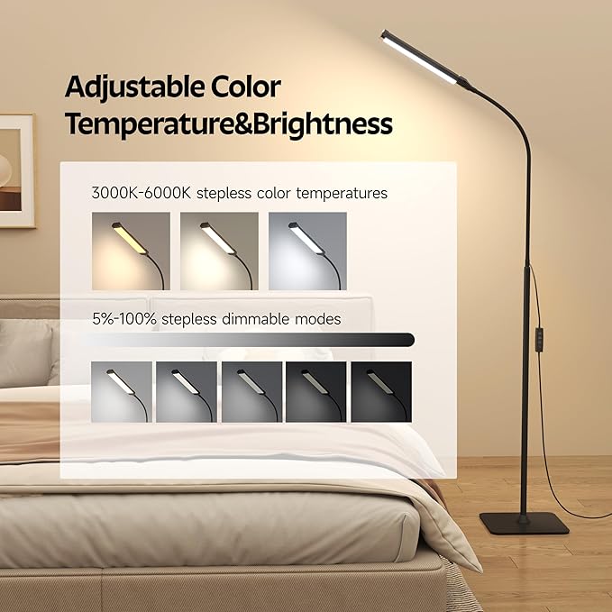 LED Floor Lamp, Reading Lamps Adjustable Stepless Colors & Brightness Standing Lamp, Nail Tech Lamp, Lash Light for Eyelash