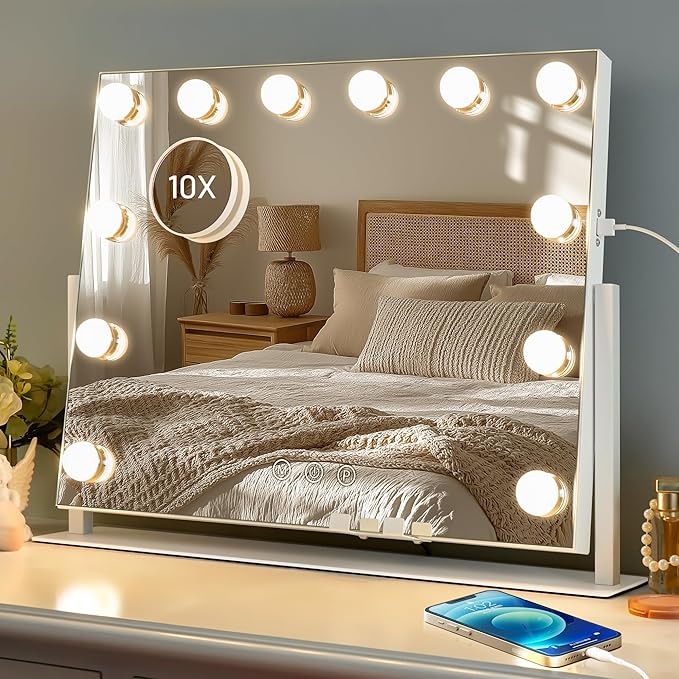 Kottova Vanity Mirror with Lights, LED Makeup Mirror, Lighted Makeup Mirror with 10X Zoom Mirror, Smart Touch 3 Colors Dimmable,360° Rotation,Suitable for Vanity Desk & Tabletop, White(19.6"x15.7")