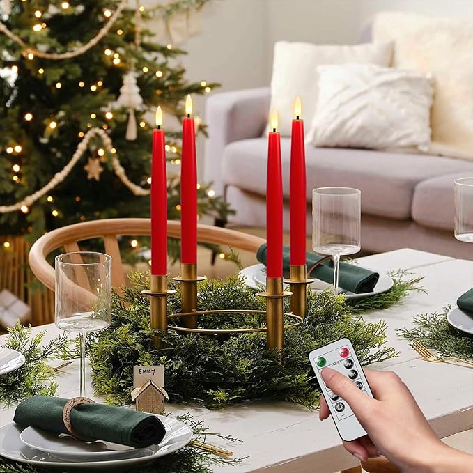 GenSwin Flameless Taper Candles, Set of 2 Red LED Taper Candles Battery Operated with Remote Timer, Real Wax Flameless Candlesticks with 3D Flame for Home Wedding Party Holiday Decor (0.78” x 9.65”)