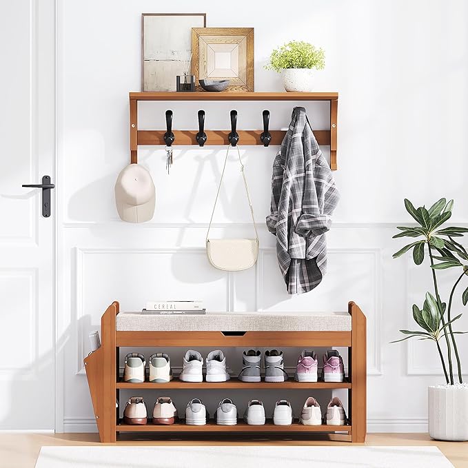 31.5" Bamboo Shoe Rack Bench with Coat Rack, 3-Tier Entryway Bench with Thick Cushion, Flip-Top & Side Baskets, Holds Up to 550 LBS for Hallway, Living Room, Bedroom