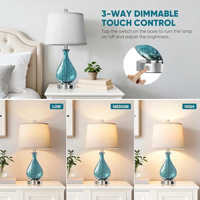 QiMH Glass Table Lamp for Living Room Bedroom Set of 2, 22.5" LED Light with Touch Control, Blue 3 Way Dimmable Modern Bedside Lamps for Home Decor with White Fabric Shade